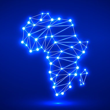 Parlak noktalar ve çizgiler, ağ bağlantıları ile poligonal Afrika harita soyut