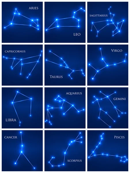 Uppsättning av zodiakens stjärnbilder. Horoskop set: Väduren, Leo, Sagitarius, Stenbocken, Taurus, Jungfrun, vågen, Vattumannen, Tvillingarna, Cancer, Skorpionen, fiskarna — Stock vektor