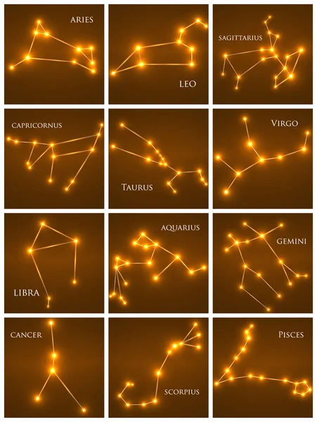 Conjunto de constelaciones del zodiaco. Juego de horóscopos: Aries, Leo, Sagitario, Capricornio, Tauro, Virgo, Libra, Acuario, Géminis, Cáncer, Escorpio, Piscis — Archivo Imágenes Vectoriales