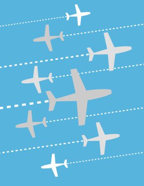 Mavi renk arka plan üzerinde beyaz ve gri uçaklar