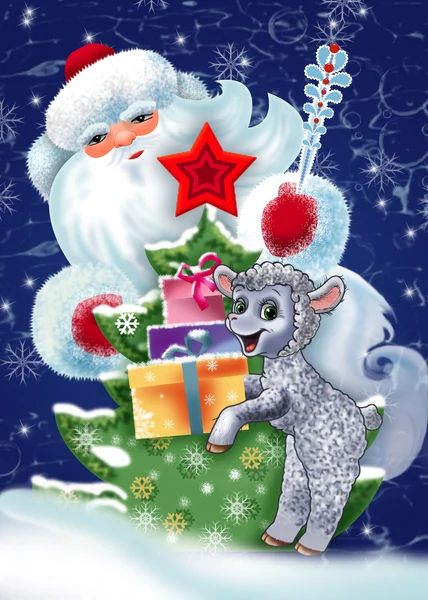Jul illustration med jultomten och lamm — Stockfoto