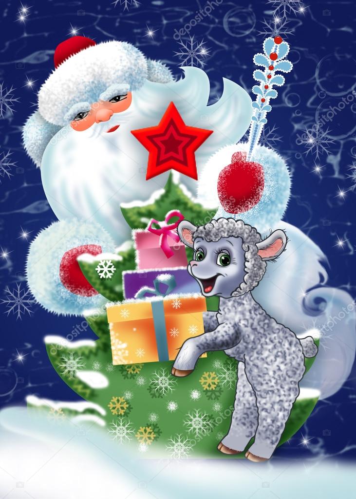 Christmas illustration with Santa Claus and lamb