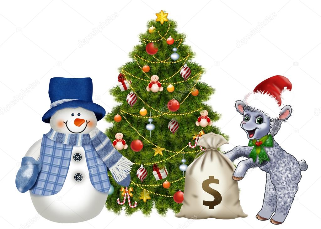 Lamb and snowman in a Christmas tree with a bag of money