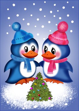 Noel penguenler ile zarif balıksırtı Noel kutlaması