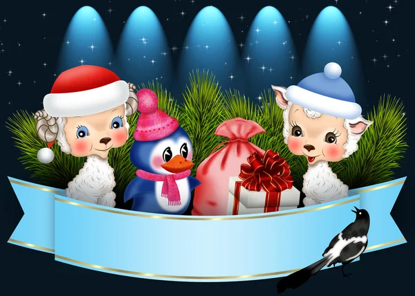 New Year's schapen en lammeren met een pinguïn en geschenken — Stockfoto