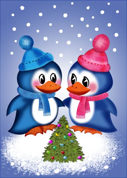 Boże Narodzenie pingwiny świętować Boże Narodzenie z eleganckim w jodełkę Obrazek Stockowy