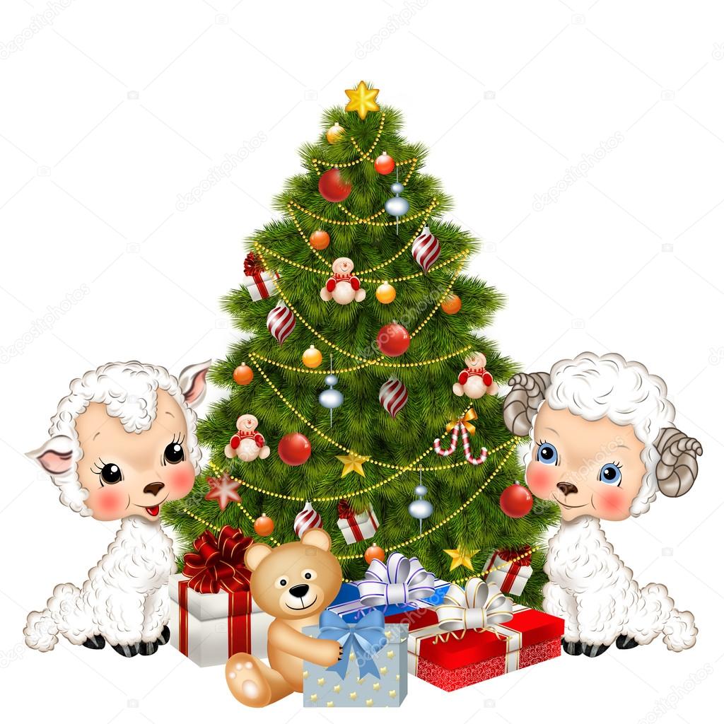 Lamb and lamb with Christmas tree and gifts