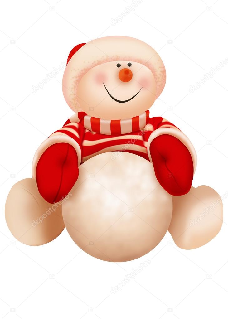 Christmas snowman in a red dress with a snowball