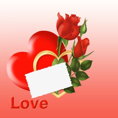 Gül ve bir not kırmızı ve altın Kalpler