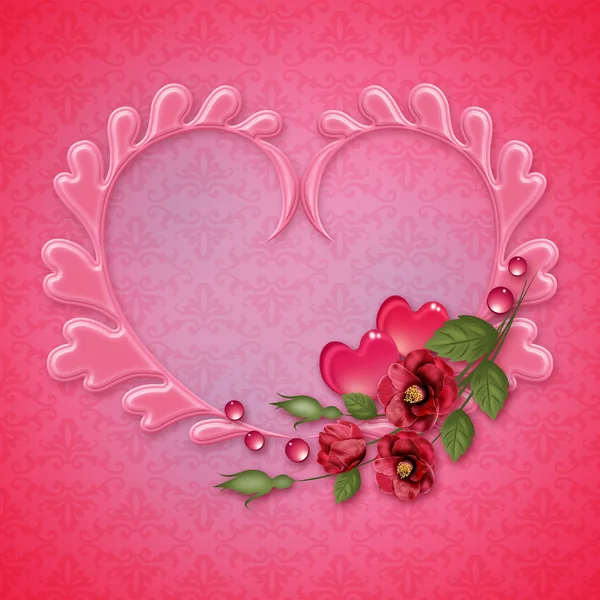 Fundo rosa com corações e camélias — Fotografia de Stock