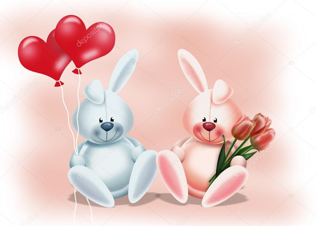Lovers Bunny with flowers and balloons