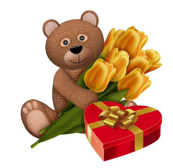Вязанный плюшевый мишка с тюльпанами и подарком — стоковое фото