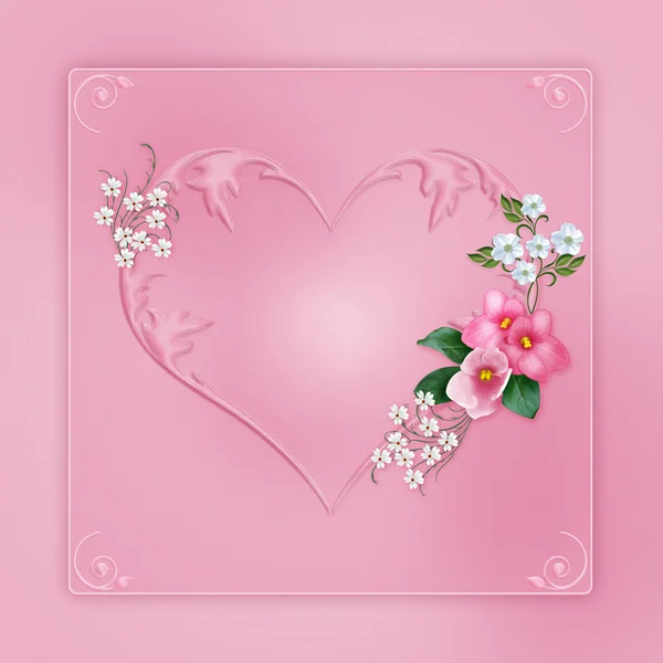 Pink background with patterned hearts and delicate flowers — Stock Photo, Image