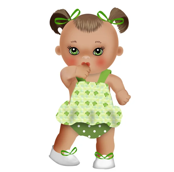 Κούκλα μωρό σε ένα πράσινο sundress — Φωτογραφία Αρχείου