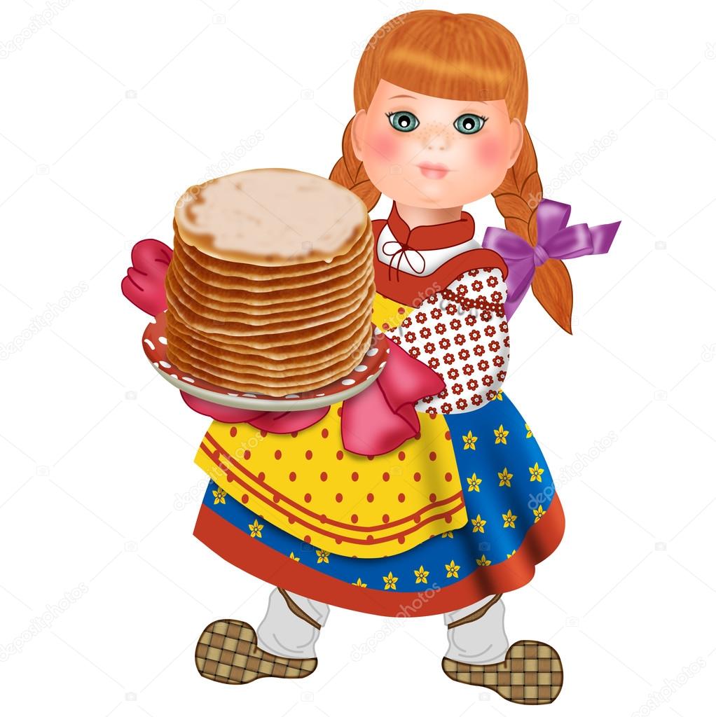 Girl in national dress with pancakes