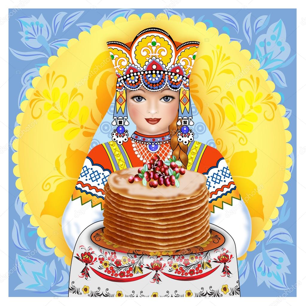 Russian girl in dress with pancakes on a towel
