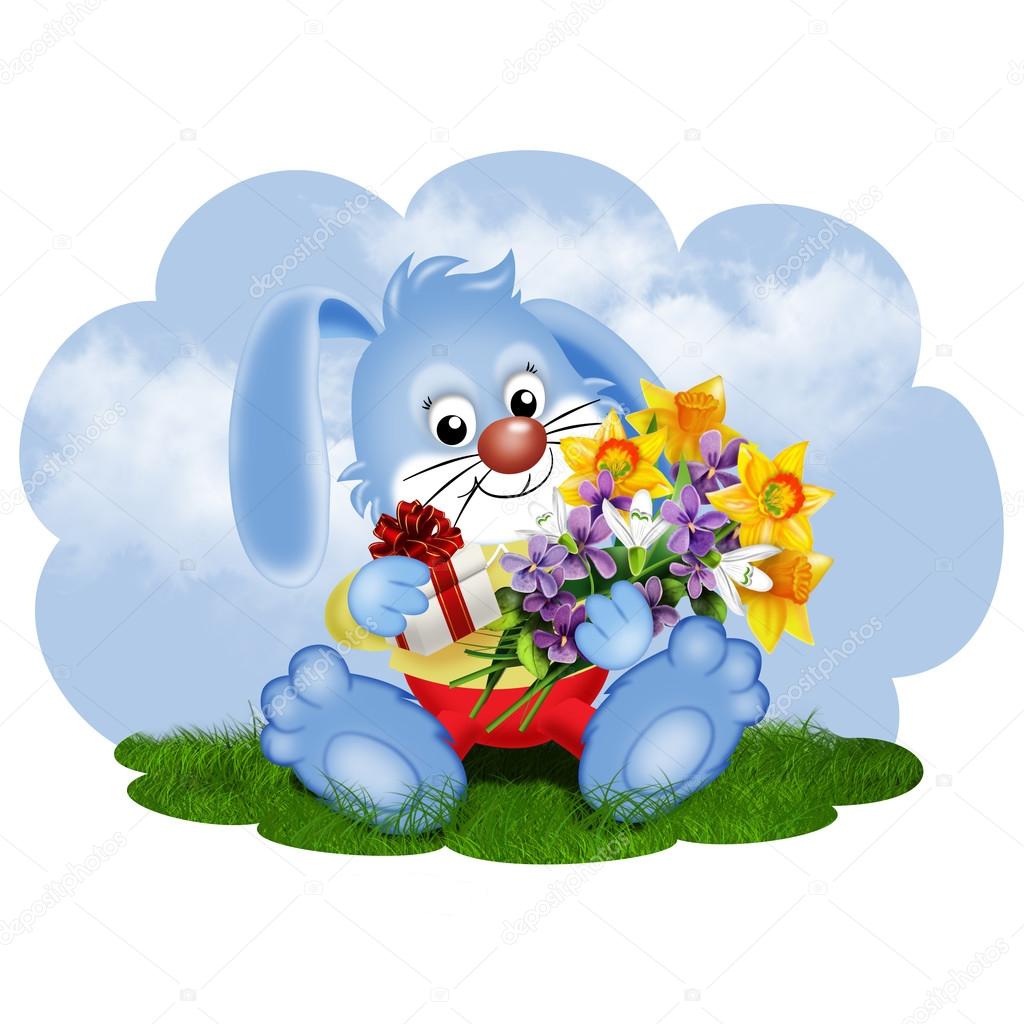 Bunny with flowers and gifts on a glade