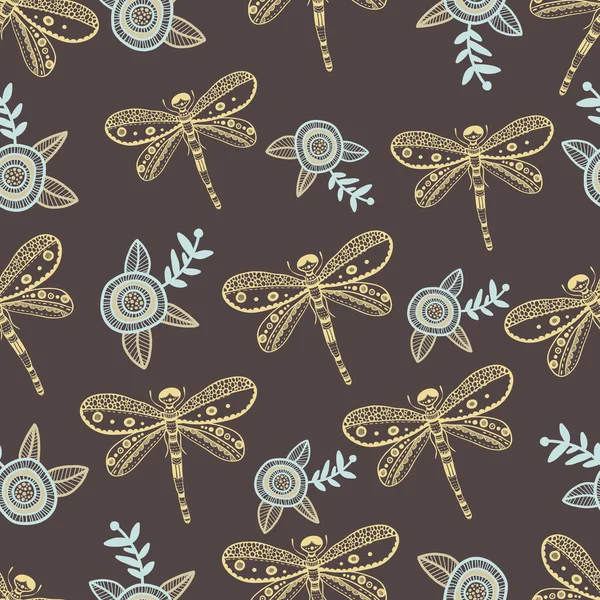 Vector dragonfly en bloemen aard naadloze patroon. Hand tekening kleurrijke illustratie — Stockvector