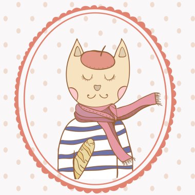 French parisian cat hand drawn illustration polka dot backdrop clipart