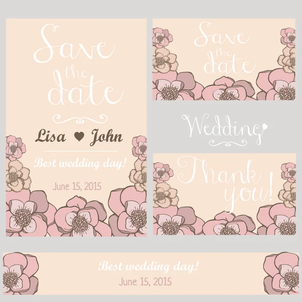 Pastel flowers wedding invitation. Thank you card. Save the date card. Wedding set. Hand drawn design — Stock Vector