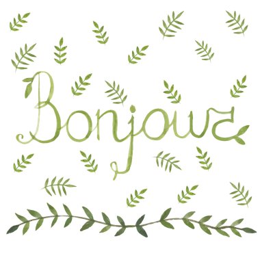 Bonjour french sign with nature leaf ornamen watercolor design arounf clipart