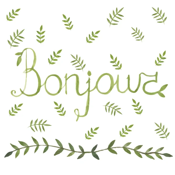 Bonjour french sign with nature leaf ornamen watercolor design arounf — Stock Vector