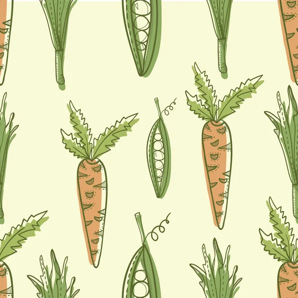 Vegetable vector seamless pattern. Carrot and peas hand drawn illustration. — Stock Vector