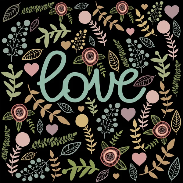 Siyah açılan karta işareti seviyorum. Renkli doğa el çekilmiş ellements.