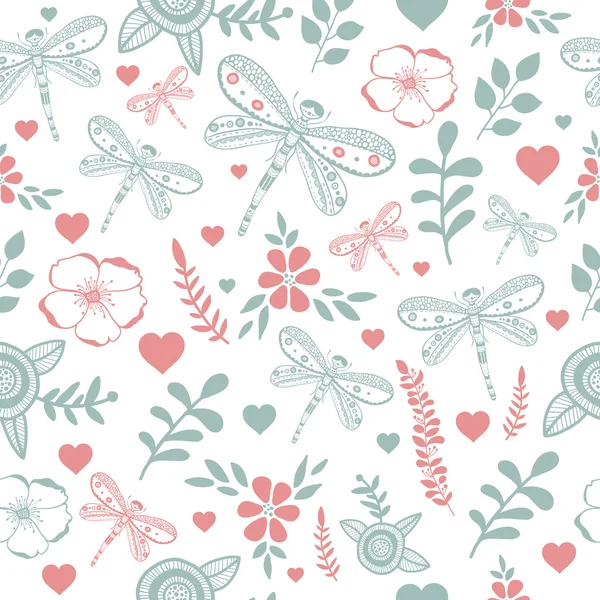 Vektör yusufçuk ve çiçekler doğa seamless modeli. El çizim renkli resimde