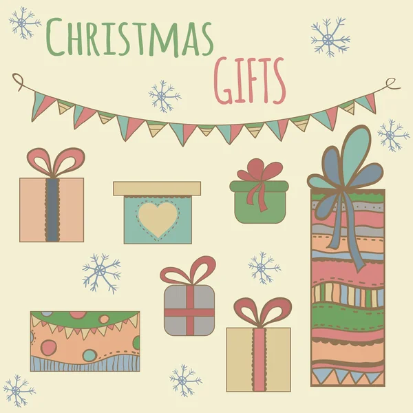 Vánoční dárky box barevné grafiky. Ručně kreslenou ilustrace — Stockový vektor