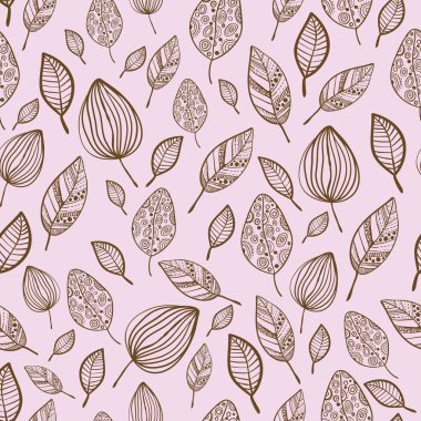 Sorunsuz stilize el yaprak desen süsleme ile çekilmiş. Doku pembe pastel zemin yaprak ile
