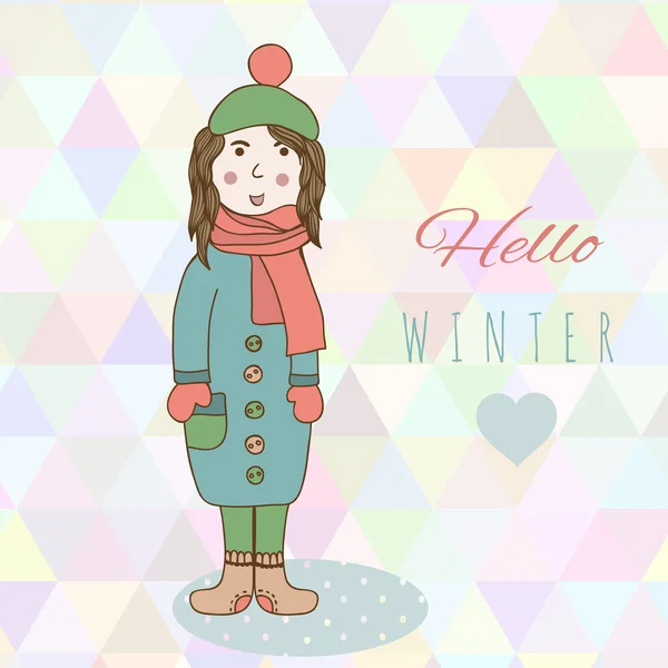 Catoon mano dibujo chica en la ropa de invierno look, zapato, manopla y chaqueta estilo invierno — Archivo Imágenes Vectoriales