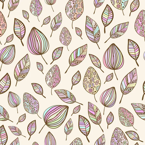 Sans couture dessiné à la main motif de feuilles colorées pastel avec ornement.Texture avec des feuilles en toile de fond pastel — Image vectorielle