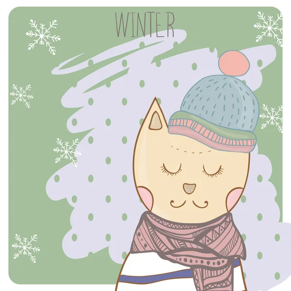 Zimní kočka v scharf šaty a klobouk. Ručně kreslenou ilustrace — Stockový vektor