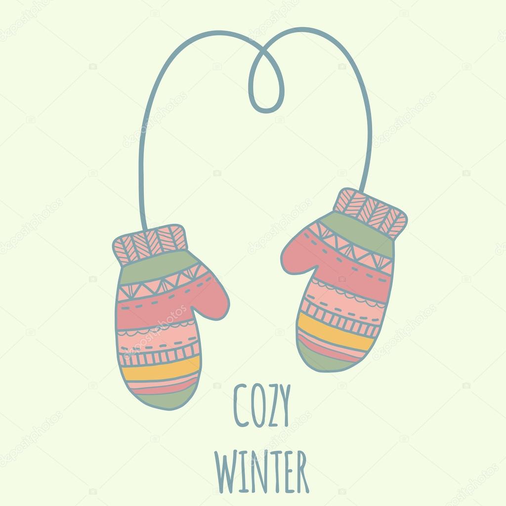 Winter clothe mittens. Pastel color illustration, cozy winter