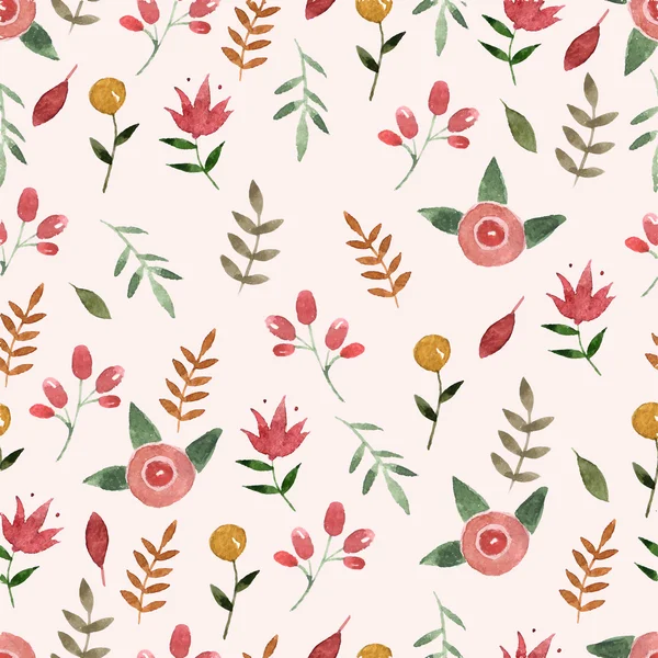 自然无缝模式水彩手绘叶和简单的花粉红色。自然色彩 — 图库矢量图片