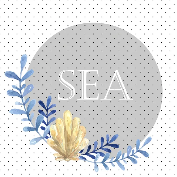 Hand drawn watercolor sea card. With water plant and shell. Blue natural colors — Stock Vector