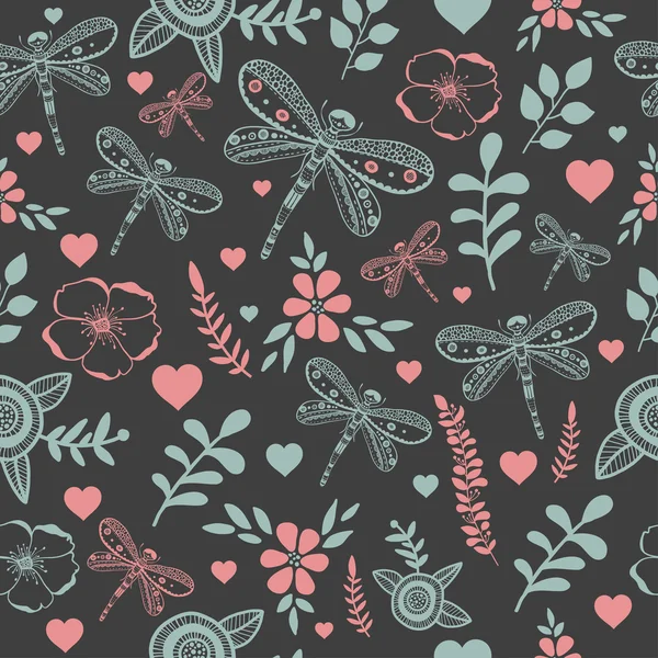 Vektör yusufçuk ve çiçekler doğa seamless modeli. El çizim renkli resimde