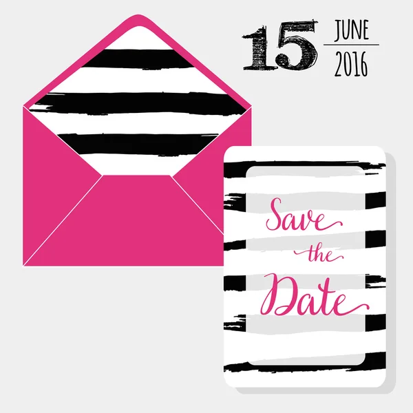 Save the date set pink envelope and graphic watercolor black brush stroke — Stock Vector
