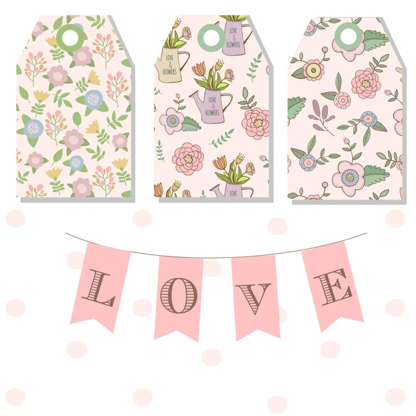 Um conjunto de 3 design dom tag design de moda bonito mão flores desenhadas —  Vetores de Stock