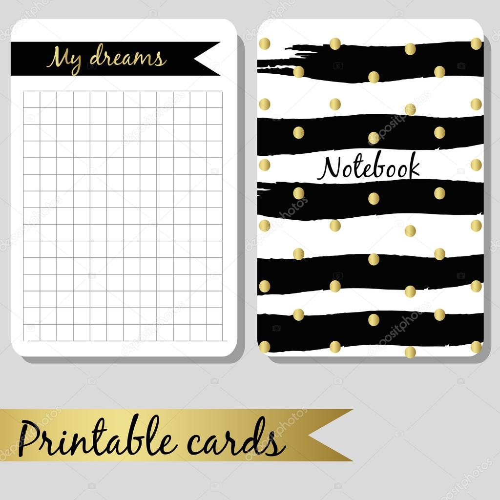 Printable cards for notes, design notebook black and gold color, brush stroke hand drawn