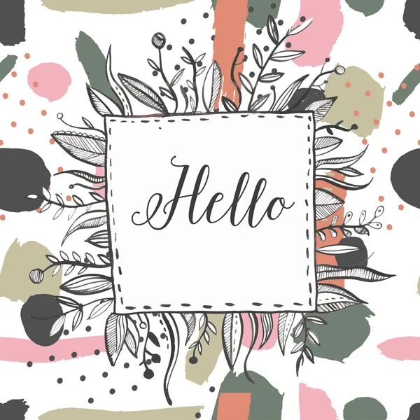 El siyah mürekkep doğa çerçeve yaprak, brunch, çiçek ile çekilmiş. FreeHand mürekkep renk arka plan