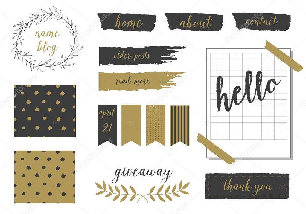 A set of trendy blog design elements in blush pink, gold and black. Buttons, wreaths, icons, arrows, decorative borders and text dividers.  Polka dor and wreath