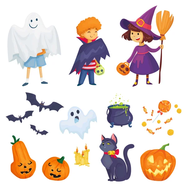 Niños en Halloween vectores de trajes — Vector de stock