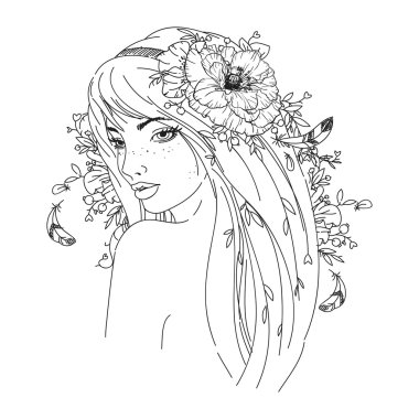 El çekilmiş kız portre çiçekler ile
