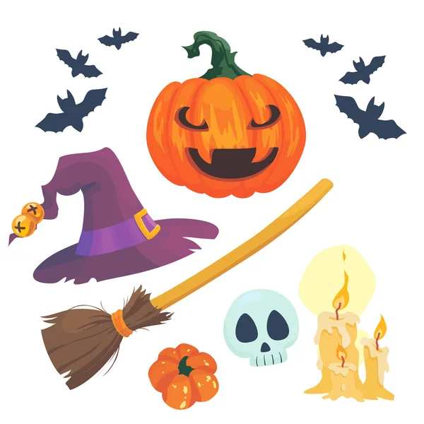 Set of pumpkins, bats, hat and broom — Stock Vector