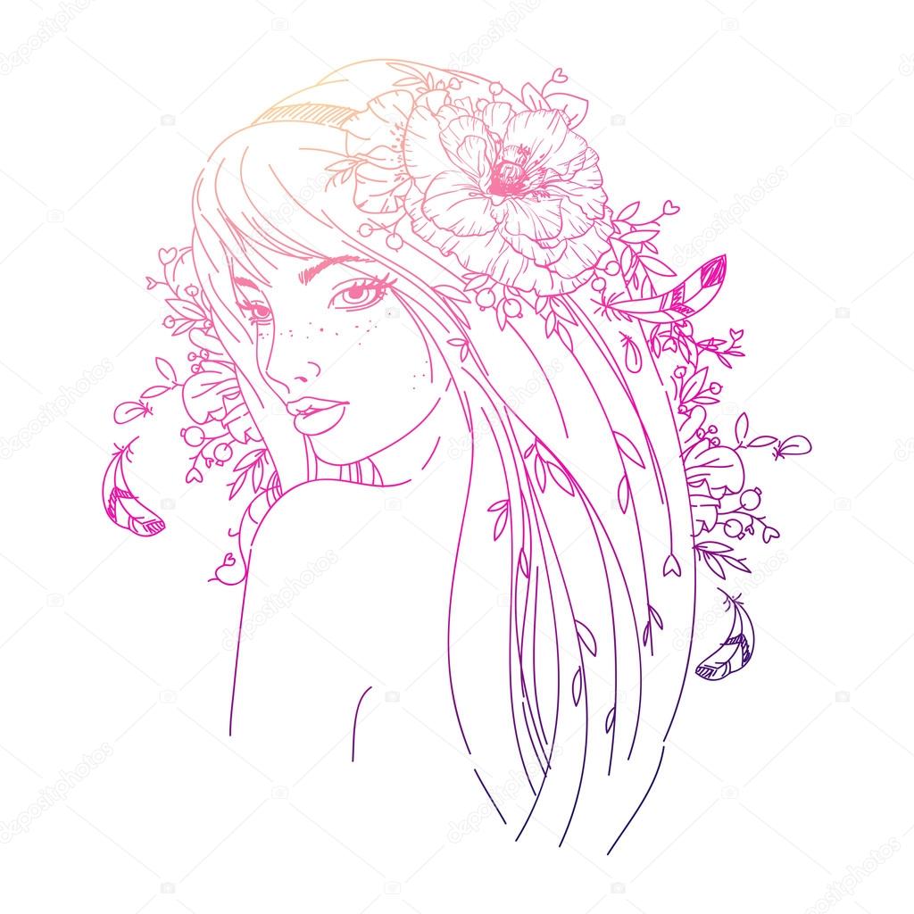 Hand drawn girl portrait with flowers