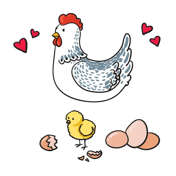 Курица и ее семь яиц на белом фоне — стоковый вектор