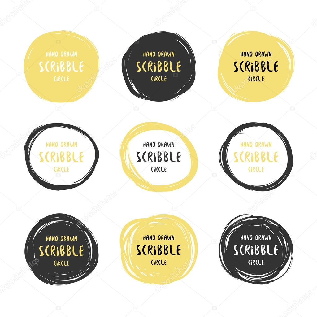 Vector set of 9 hand drawn black and gold scribble circles. Logo design elements