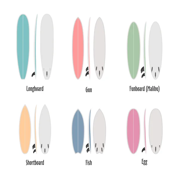 Set of surfboard types, colorfull shapes in scale — Stock Vector